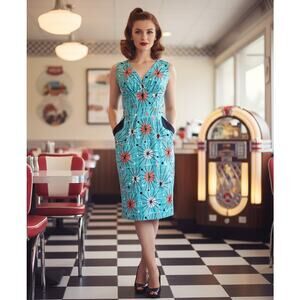 Victory Parade Bettie's Bombshells Atomic Sunburst Print Retro Sheath Dress Aqua